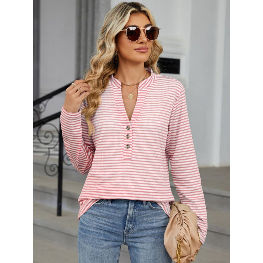 Striped Notched Long Sleeve T-Shirt Apparel and Accessories