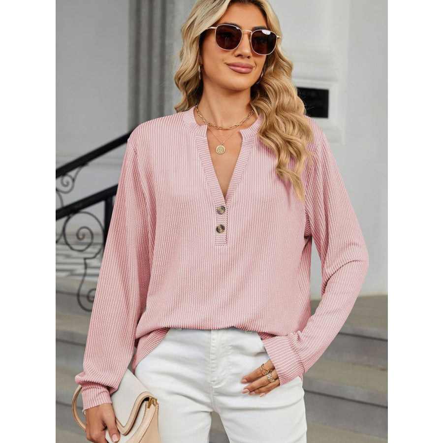 Striped Notched Long Sleeve T-Shirt Apparel and Accessories