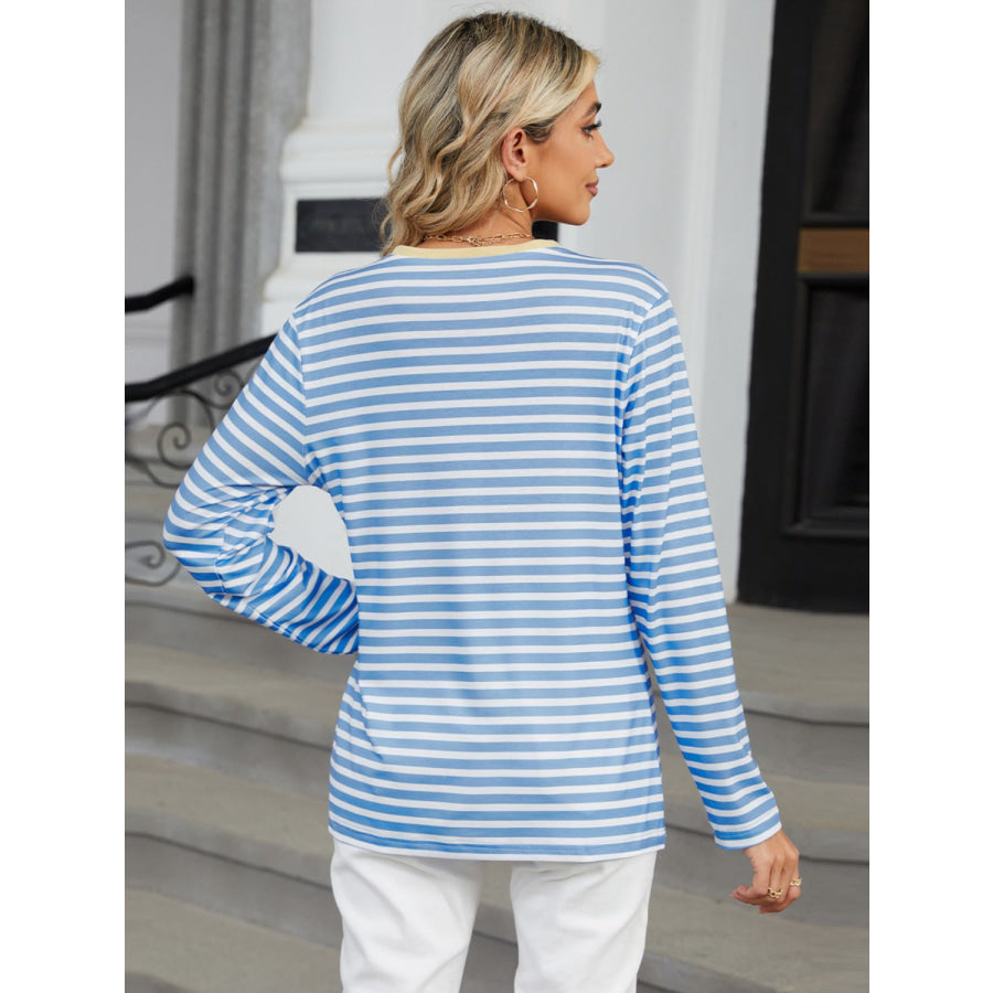 Striped Notched Long Sleeve T-Shirt Apparel and Accessories