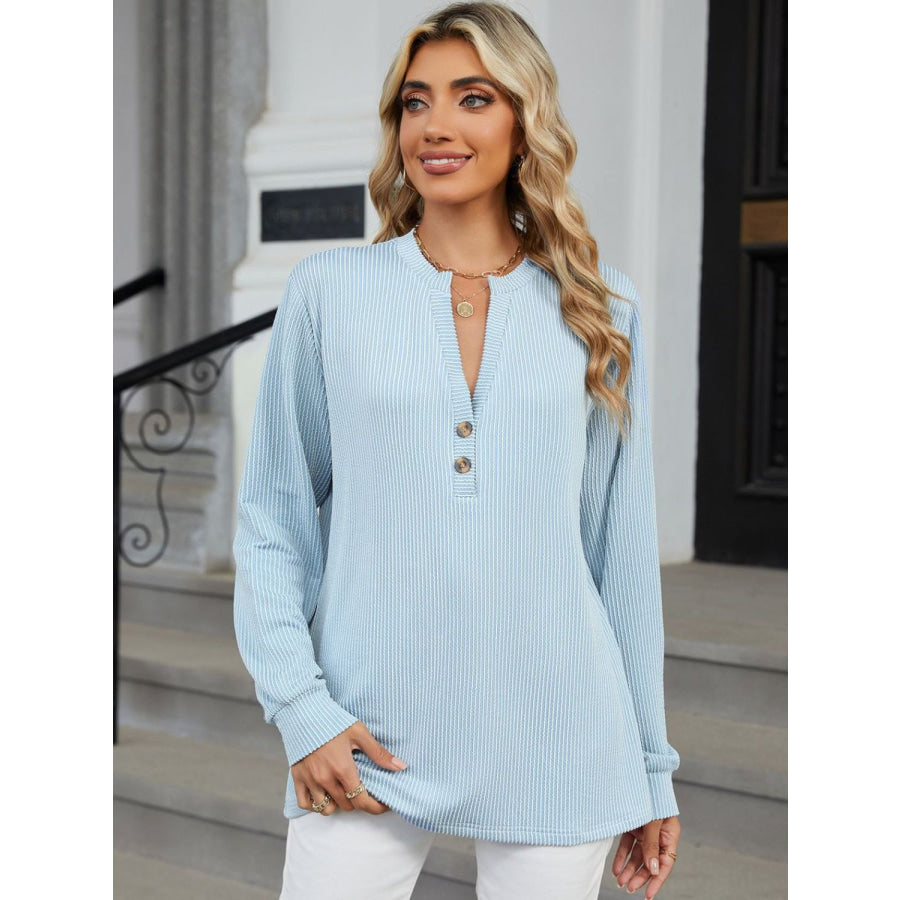 Striped Notched Long Sleeve T-Shirt Apparel and Accessories