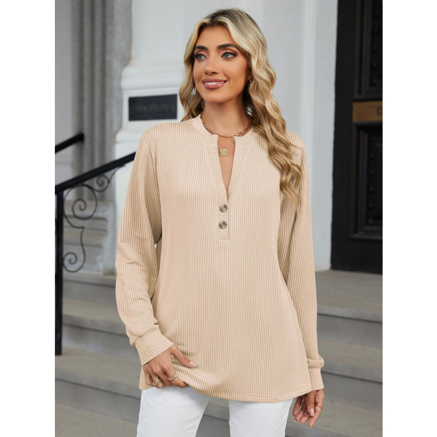 Striped Notched Long Sleeve T-Shirt Apparel and Accessories