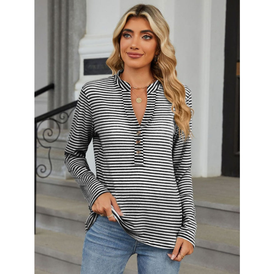 Striped Notched Long Sleeve T-Shirt Apparel and Accessories