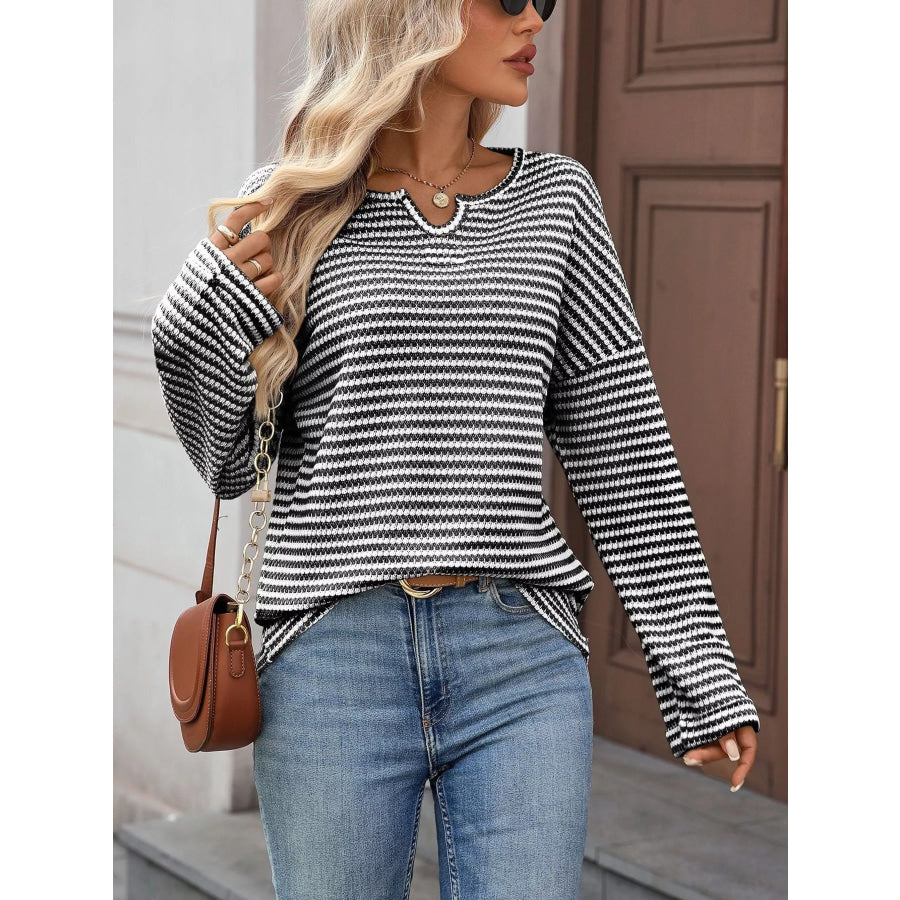 Striped Notched Long Sleeve T-Shirt Apparel and Accessories