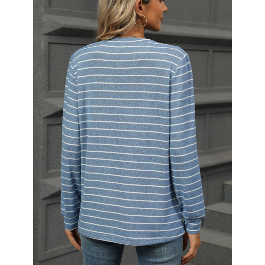 Striped Notched Long Sleeve T-Shirt Apparel and Accessories