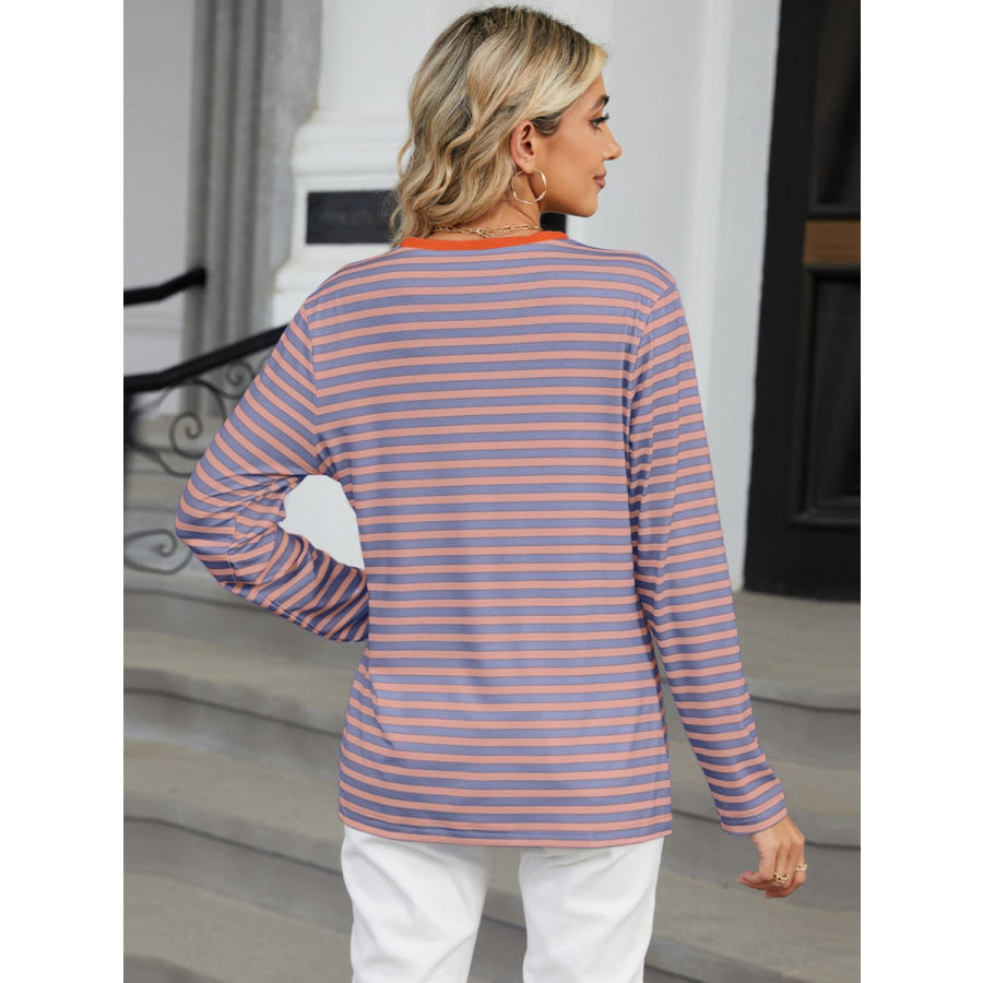 Striped Notched Long Sleeve T-Shirt Apparel and Accessories