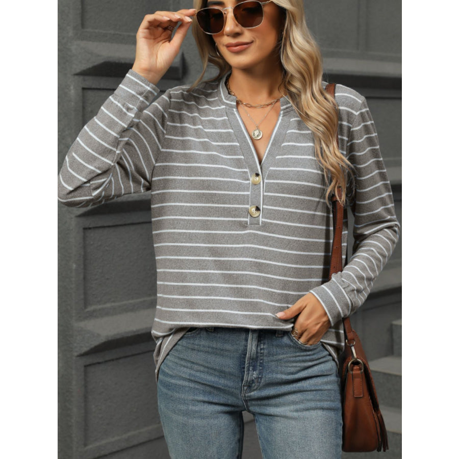 Striped Notched Long Sleeve T-Shirt Apparel and Accessories