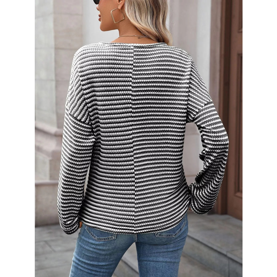 Striped Notched Long Sleeve T-Shirt Apparel and Accessories