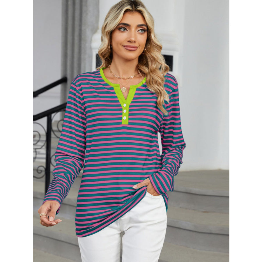 Striped Notched Long Sleeve T-Shirt Apparel and Accessories