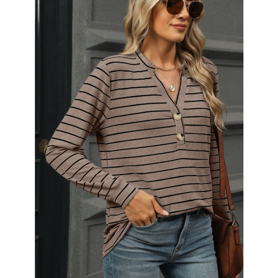 Striped Notched Long Sleeve T-Shirt Apparel and Accessories