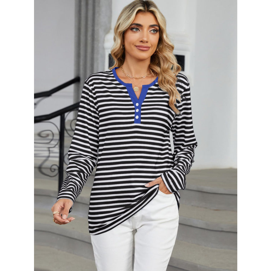 Striped Notched Long Sleeve T-Shirt Apparel and Accessories