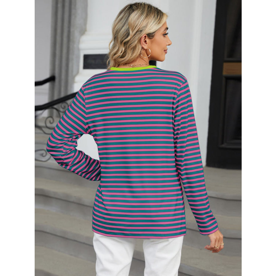 Striped Notched Long Sleeve T-Shirt Apparel and Accessories