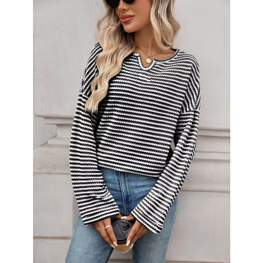 Striped Notched Long Sleeve T-Shirt Apparel and Accessories
