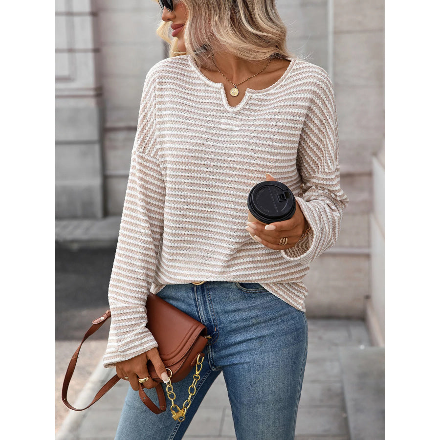 Striped Notched Long Sleeve T-Shirt Apparel and Accessories