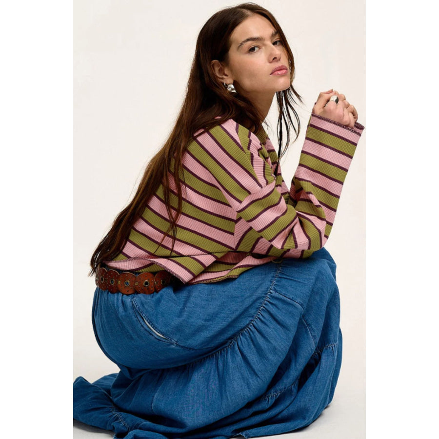 Striped Notched Long Sleeve T-Shirt Apparel and Accessories