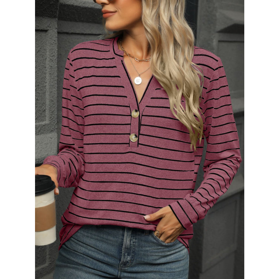 Striped Notched Long Sleeve T-Shirt Apparel and Accessories