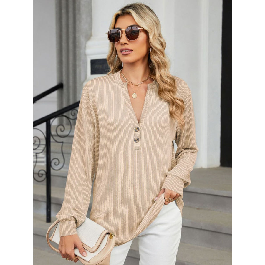 Striped Notched Long Sleeve T-Shirt Apparel and Accessories