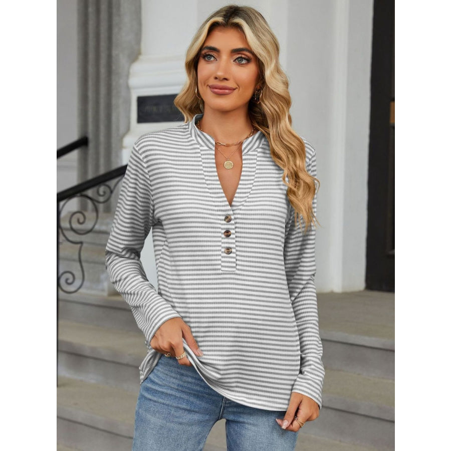 Striped Notched Long Sleeve T-Shirt Apparel and Accessories