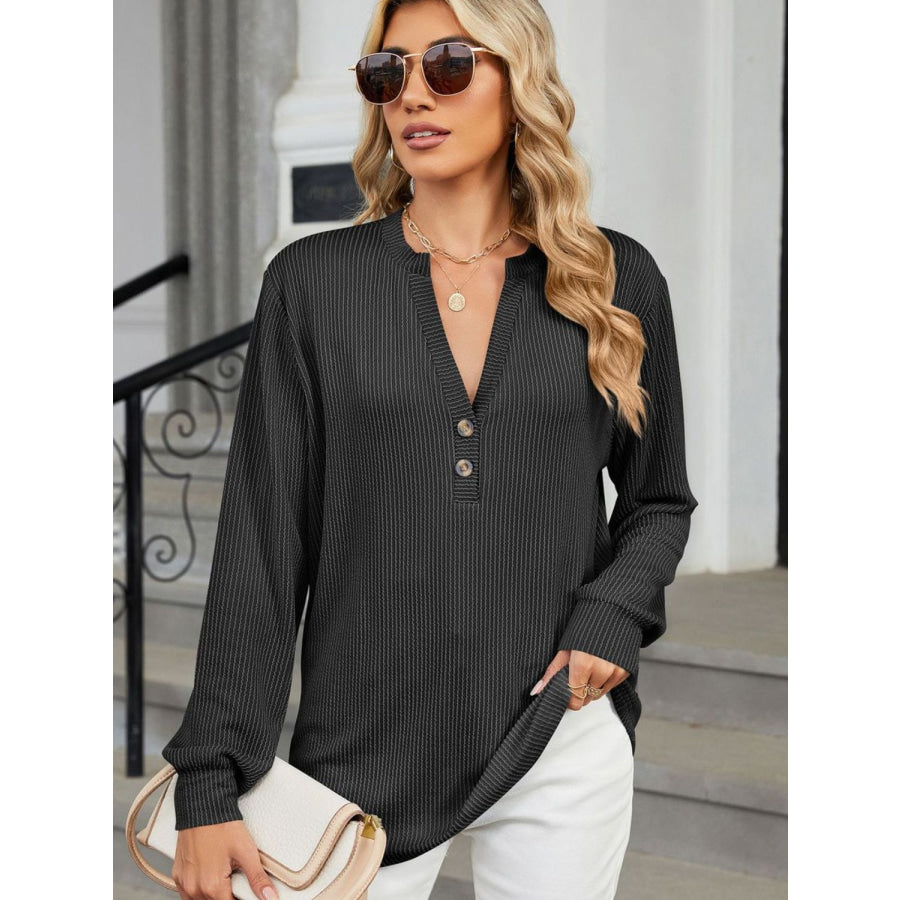 Striped Notched Long Sleeve T-Shirt Apparel and Accessories