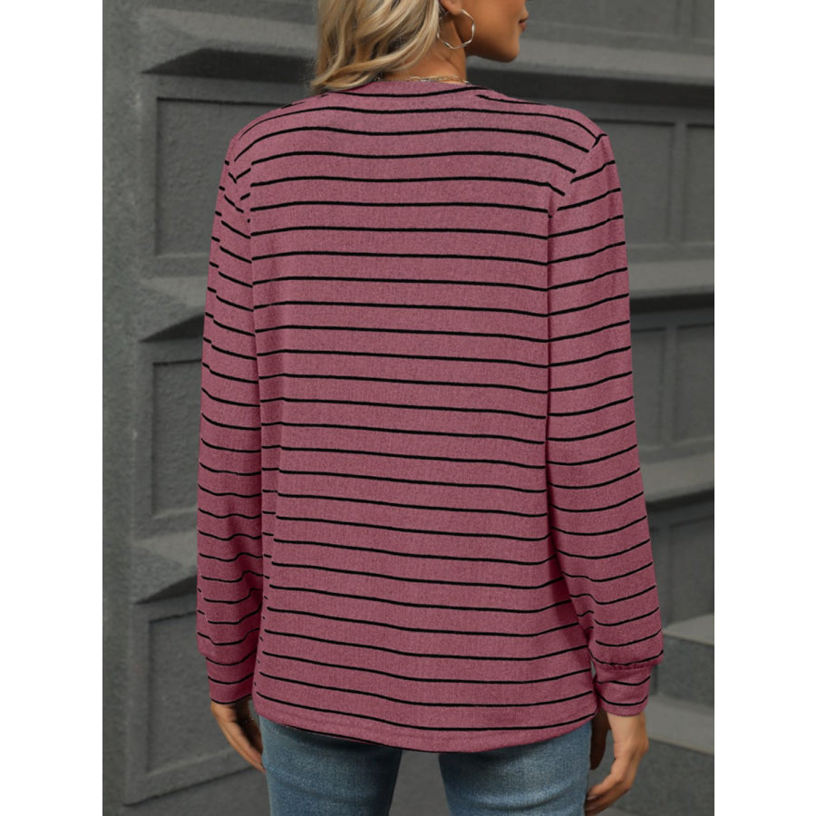 Striped Notched Long Sleeve T-Shirt Apparel and Accessories