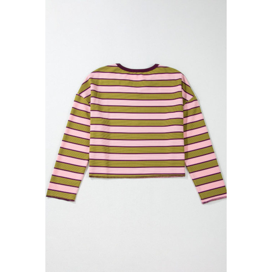 Striped Notched Long Sleeve T-Shirt Apparel and Accessories