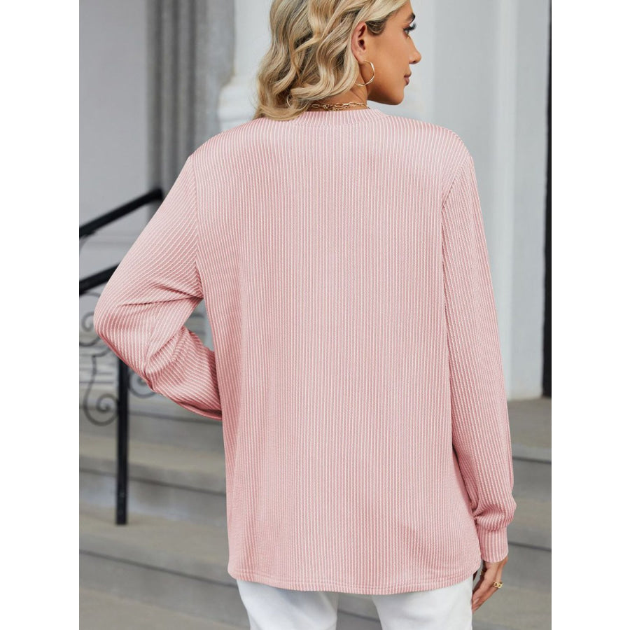 Striped Notched Long Sleeve T-Shirt Apparel and Accessories