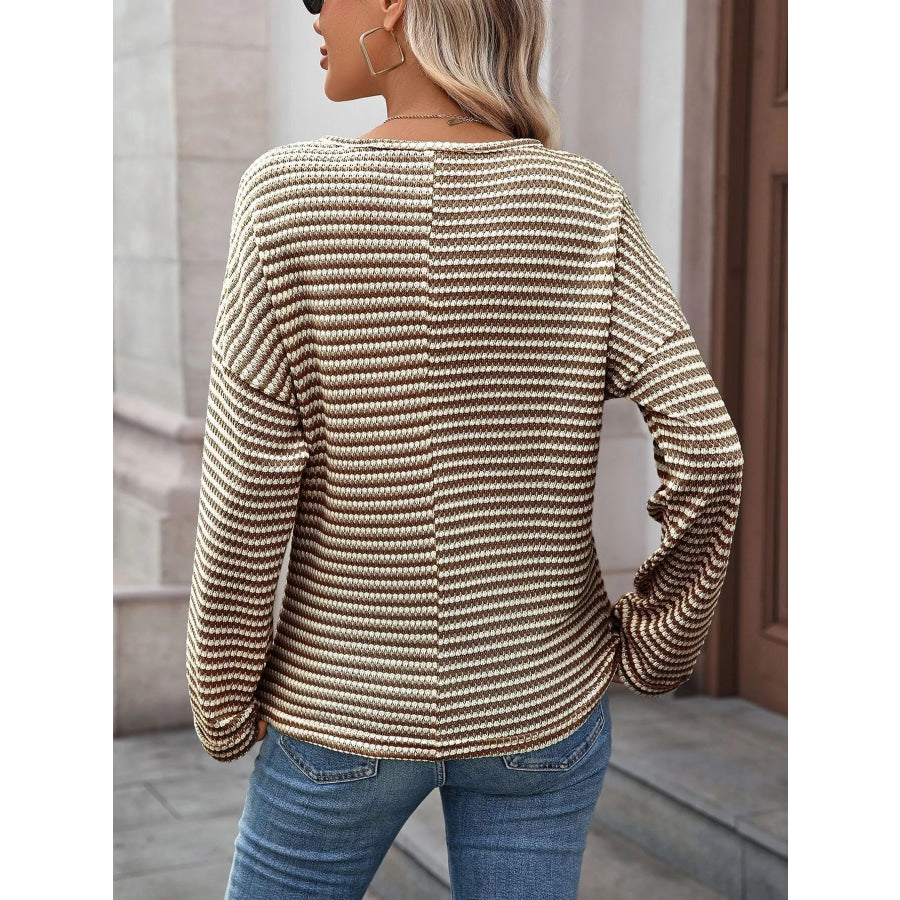 Striped Notched Long Sleeve T-Shirt Apparel and Accessories