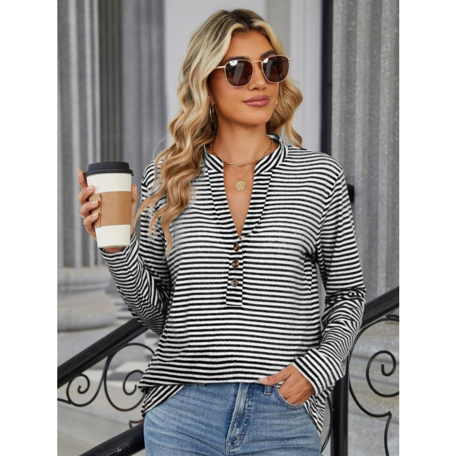 Striped Notched Long Sleeve T-Shirt Apparel and Accessories