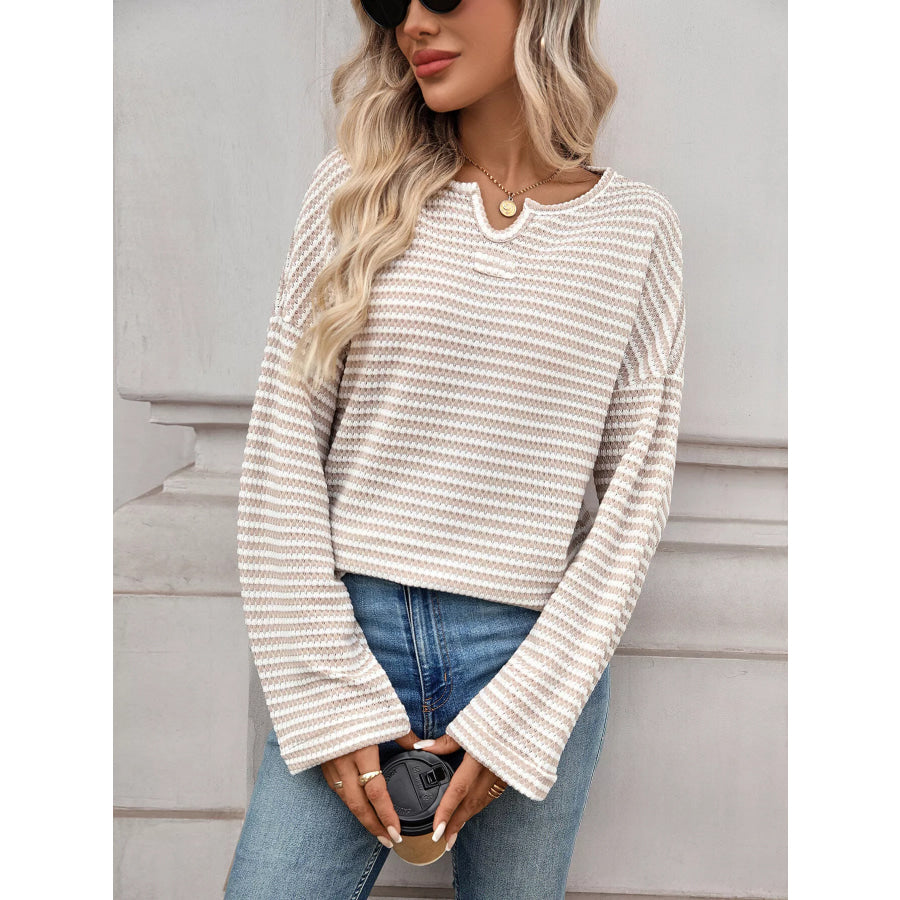 Striped Notched Long Sleeve T-Shirt Apricot / S Apparel and Accessories