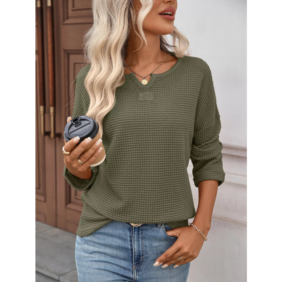 Striped Notched Long Sleeve T-Shirt Army Green / S Apparel and Accessories