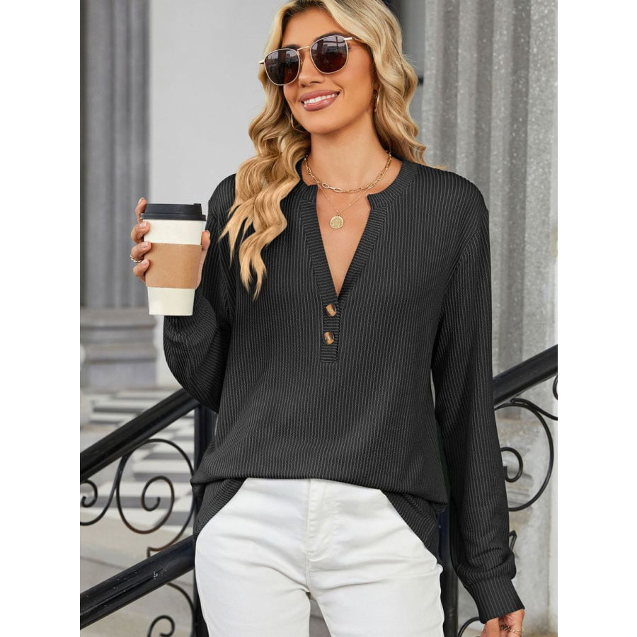 Striped Notched Long Sleeve T-Shirt Black / S Apparel and Accessories