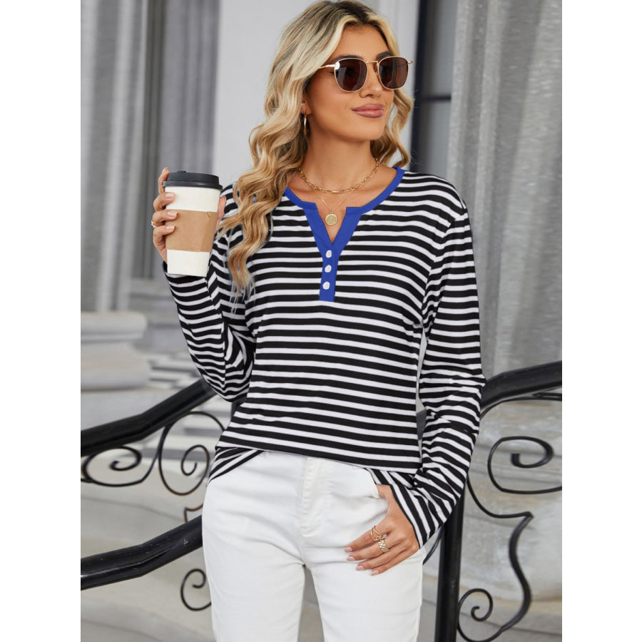 Striped Notched Long Sleeve T-Shirt Black / S Apparel and Accessories