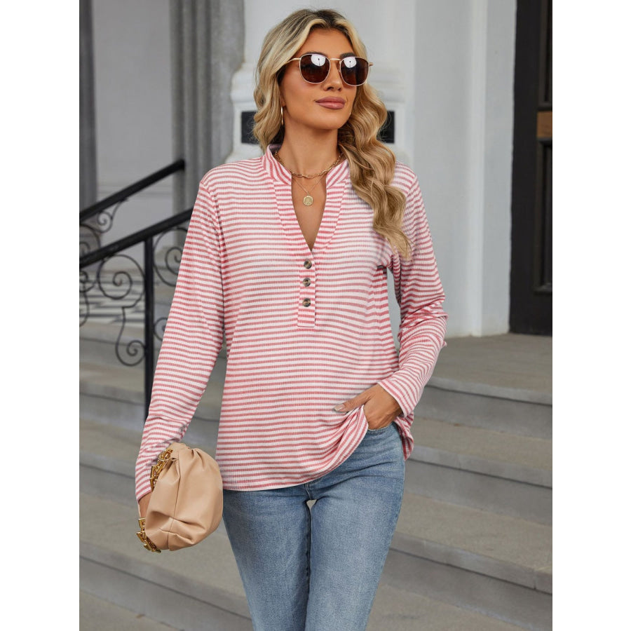 Striped Notched Long Sleeve T-Shirt Burnt Coral / S Apparel and Accessories