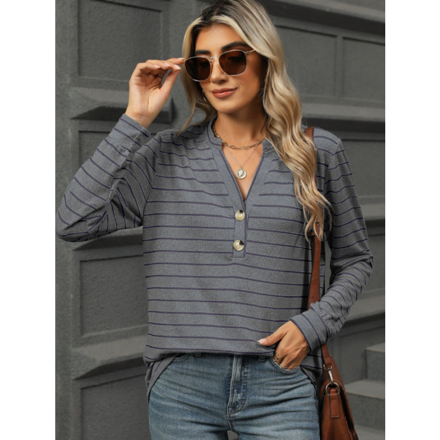 Striped Notched Long Sleeve T-Shirt Dark Gray / S Apparel and Accessories