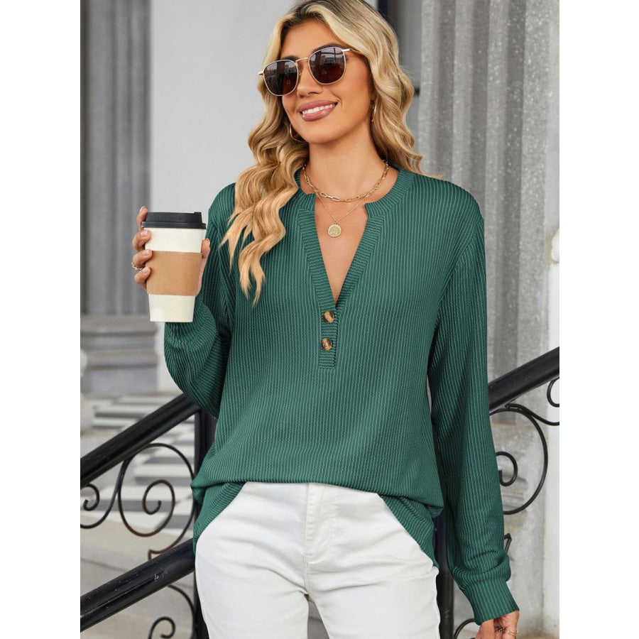 Striped Notched Long Sleeve T-Shirt Dark Green / S Apparel and Accessories