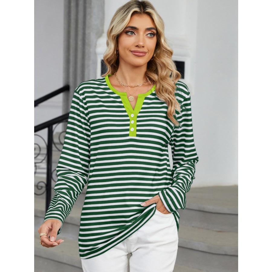 Striped Notched Long Sleeve T-Shirt Dark Green / S Apparel and Accessories