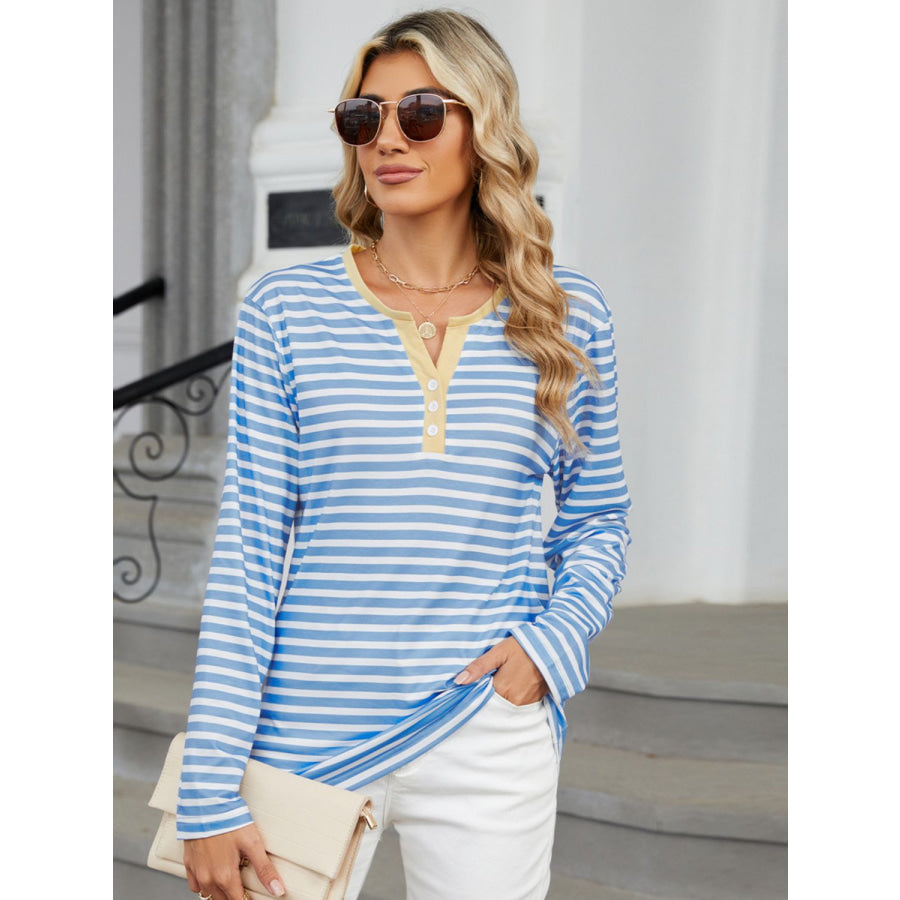 Striped Notched Long Sleeve T-Shirt Dusty Blue / S Apparel and Accessories