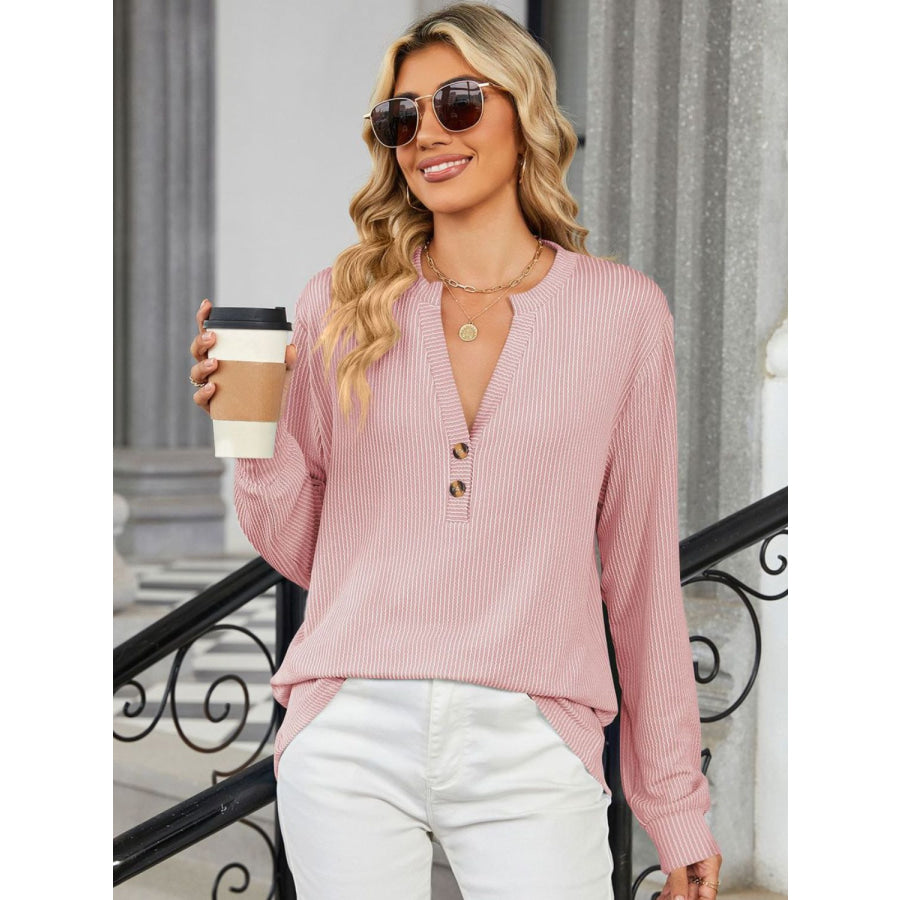 Striped Notched Long Sleeve T-Shirt Dusty Pink / S Apparel and Accessories