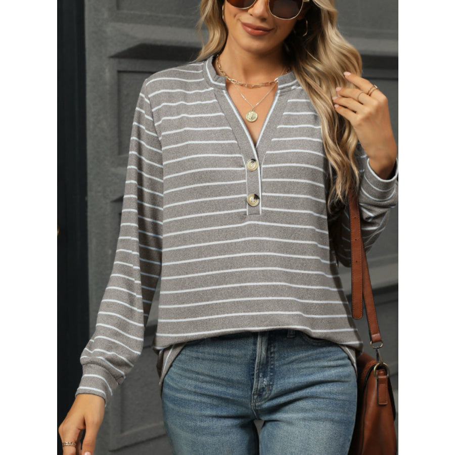 Striped Notched Long Sleeve T-Shirt Gray / S Apparel and Accessories