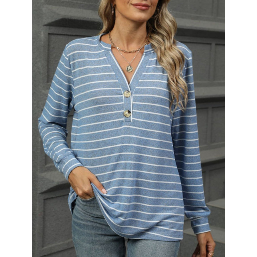 Striped Notched Long Sleeve T-Shirt Light Blue / S Apparel and Accessories