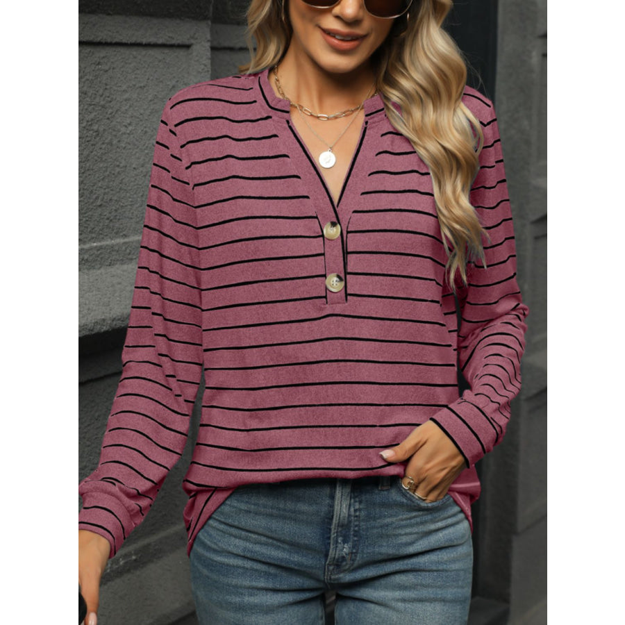 Striped Notched Long Sleeve T-Shirt Plum / S Apparel and Accessories