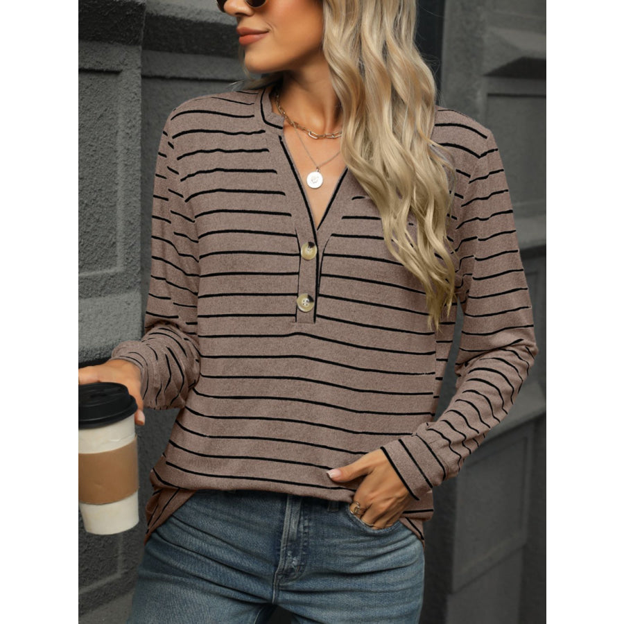 Striped Notched Long Sleeve T-Shirt Taupe / S Apparel and Accessories