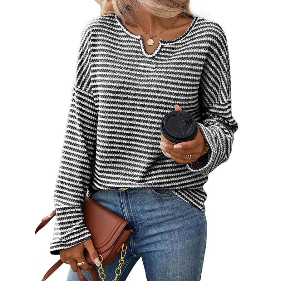 Striped Notched Long Sleeve T-Shirt White/Black / S Apparel and Accessories