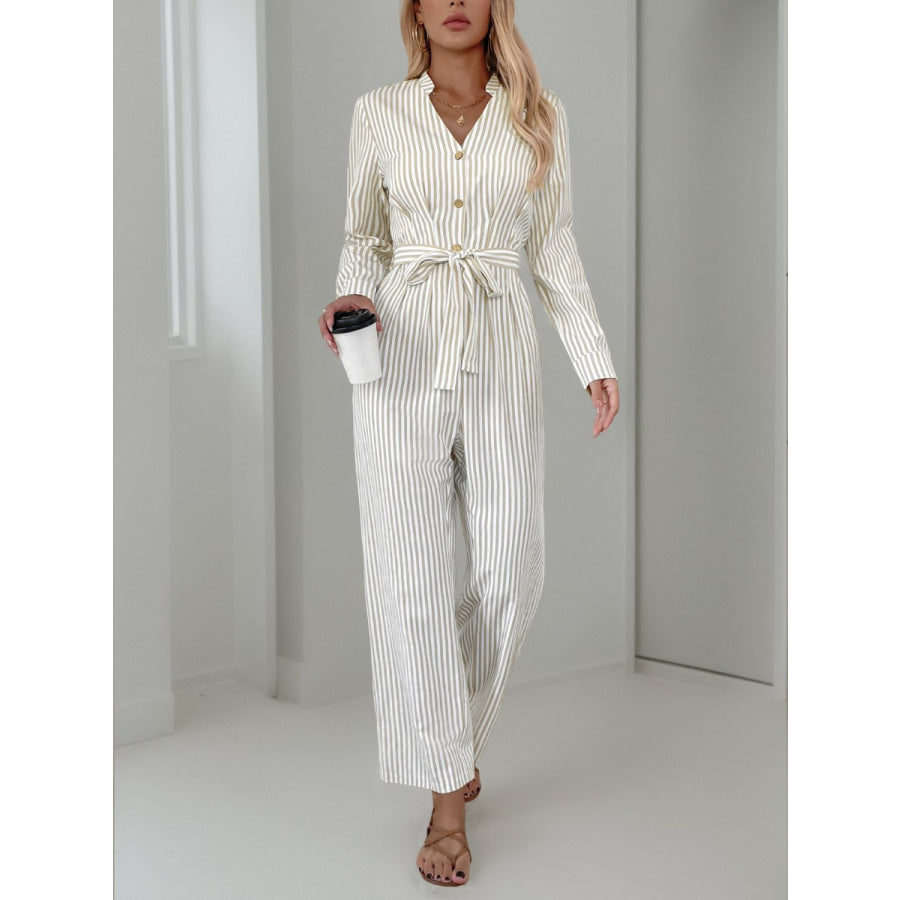 Striped Notched Long Sleeve Tie Waist Jumpsuit Apparel and Accessories