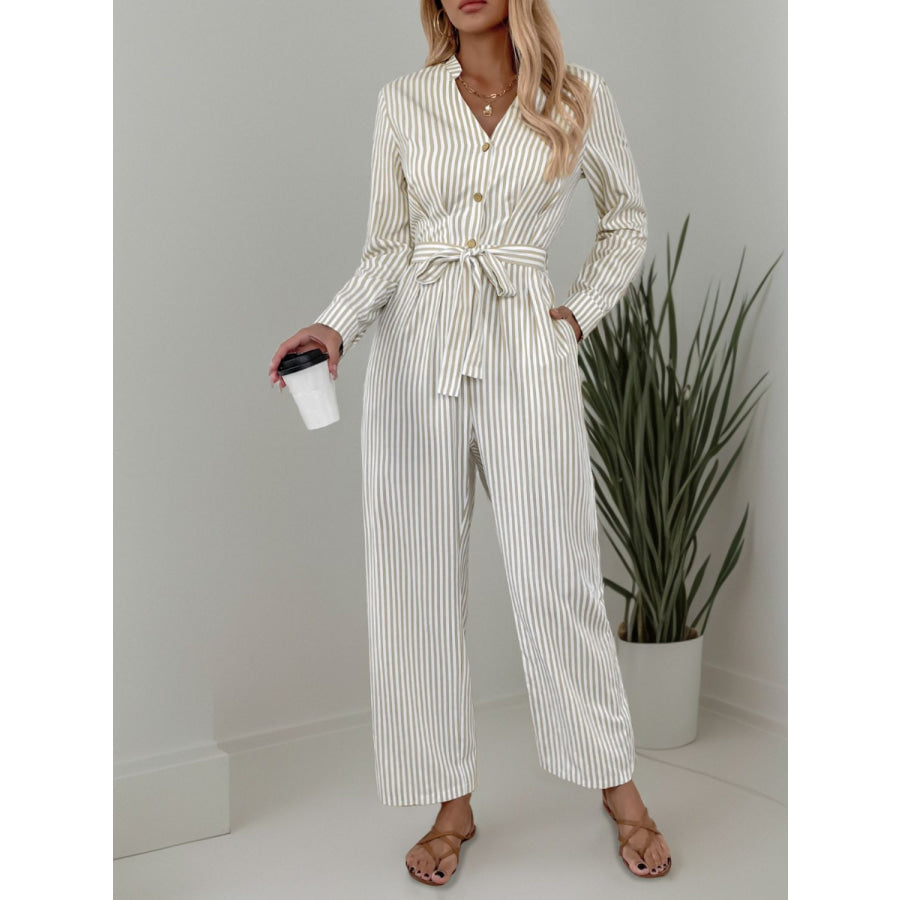 Striped Notched Long Sleeve Tie Waist Jumpsuit Apparel and Accessories