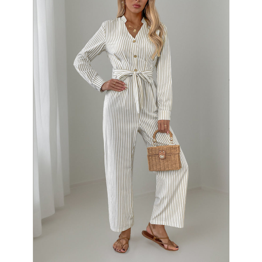 Striped Notched Long Sleeve Tie Waist Jumpsuit Apparel and Accessories