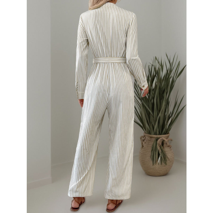 Striped Notched Long Sleeve Tie Waist Jumpsuit Apparel and Accessories