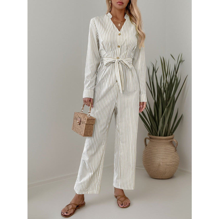 Striped Notched Long Sleeve Tie Waist Jumpsuit Apparel and Accessories