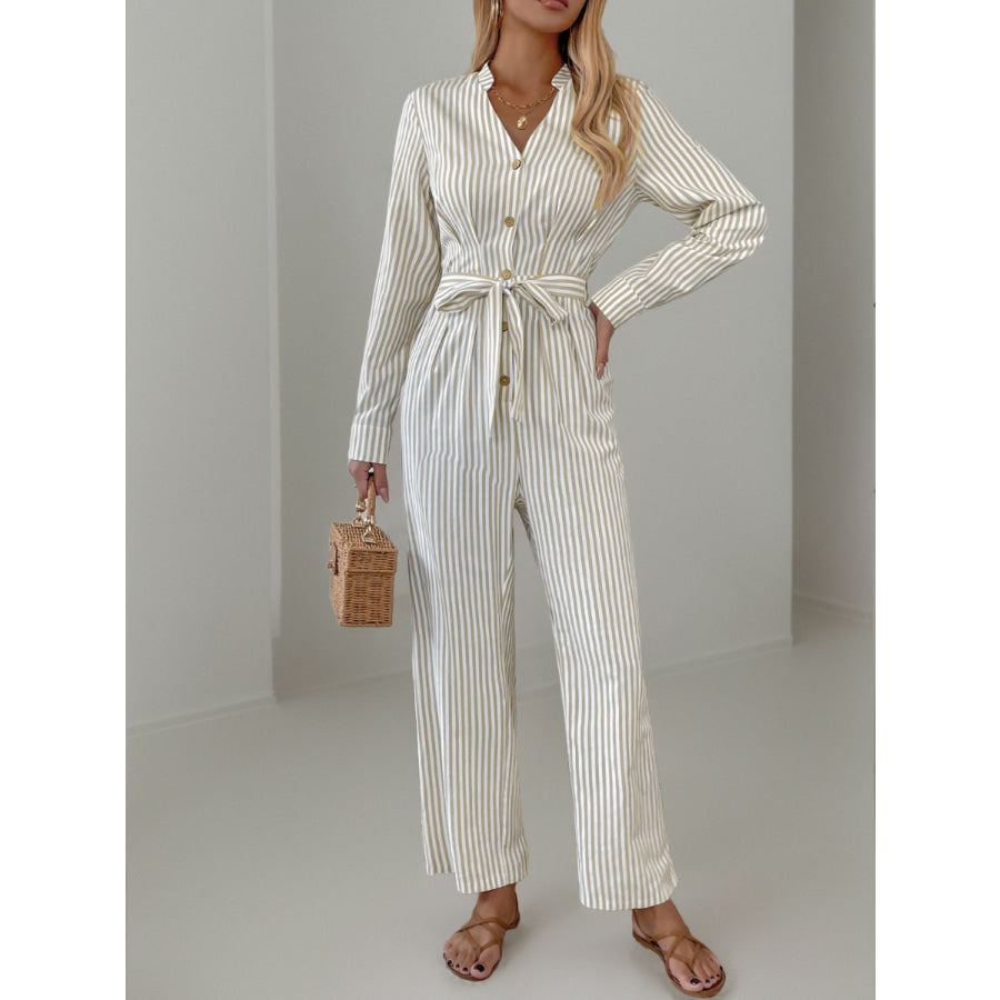 Striped Notched Long Sleeve Tie Waist Jumpsuit Beige / S Apparel and Accessories