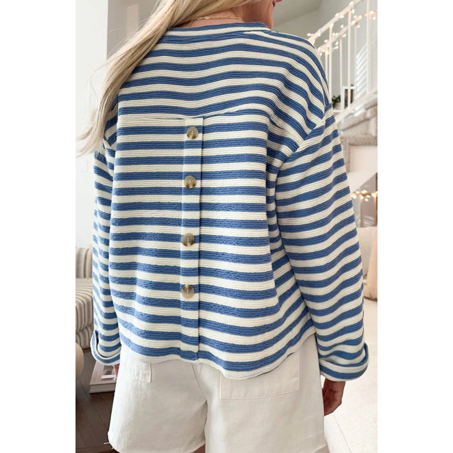 Striped Notched Long Sleeve Top Apparel and Accessories