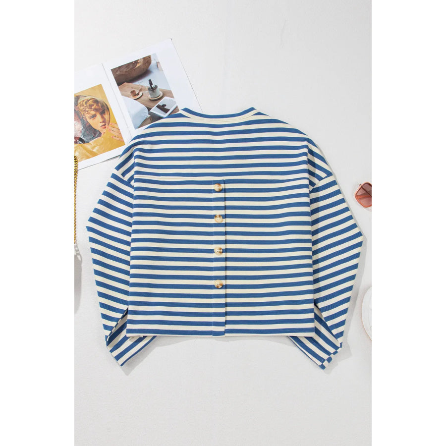 Striped Notched Long Sleeve Top Apparel and Accessories